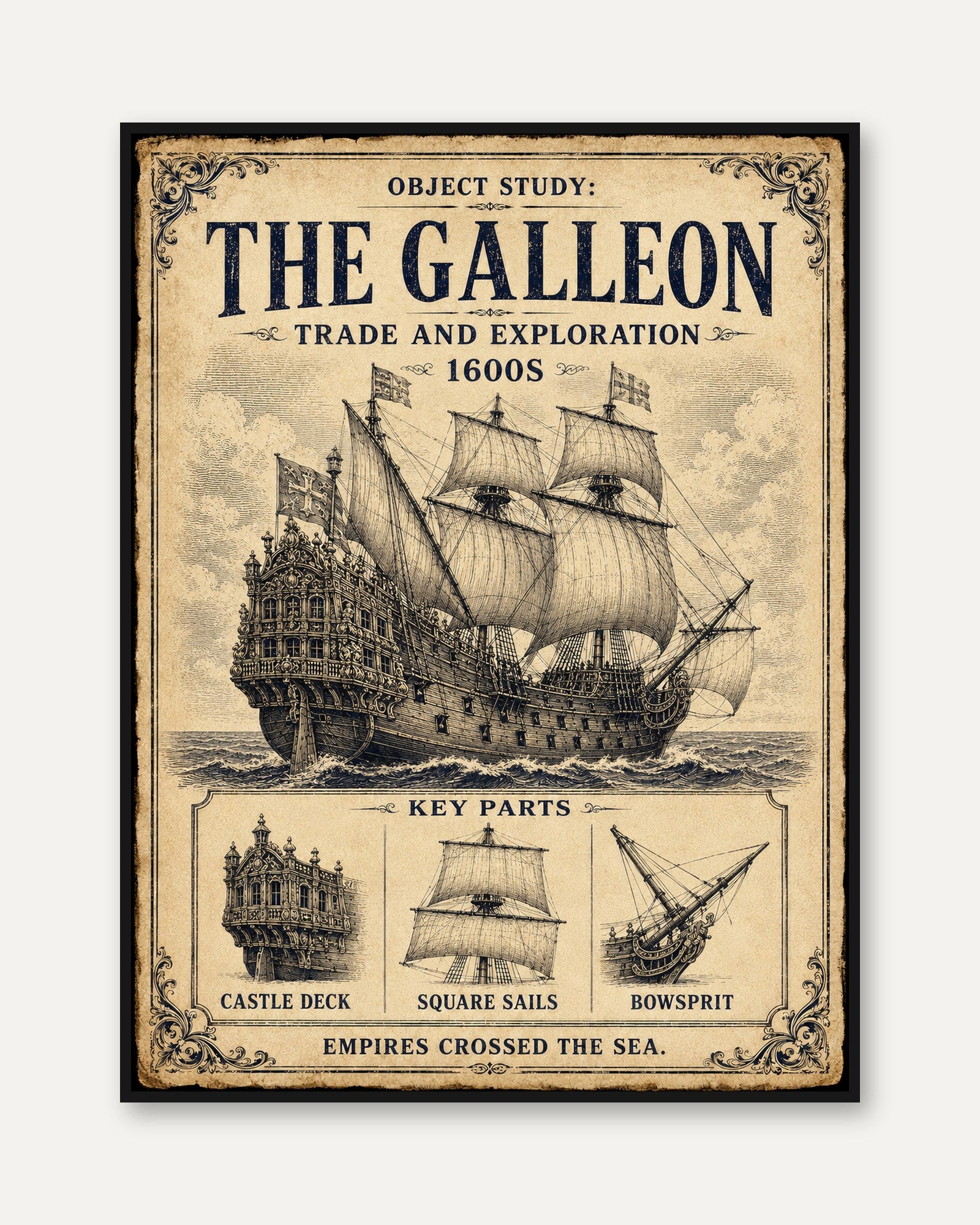 Galleon Ship Print — Vintage 1600s Maritime Exploration Art - framed