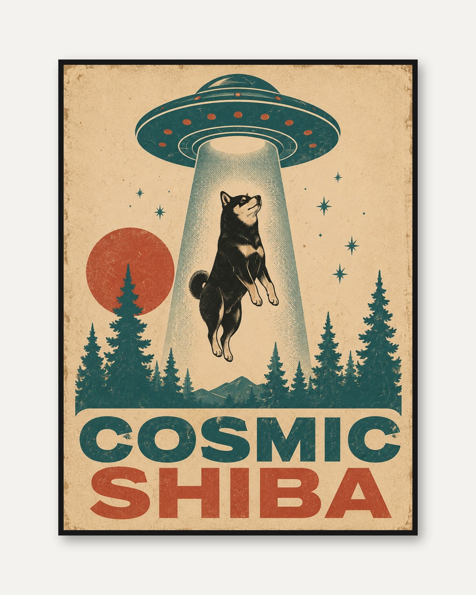 Shiba Inu Wall Art – Retro UFO Dog Poster - framed