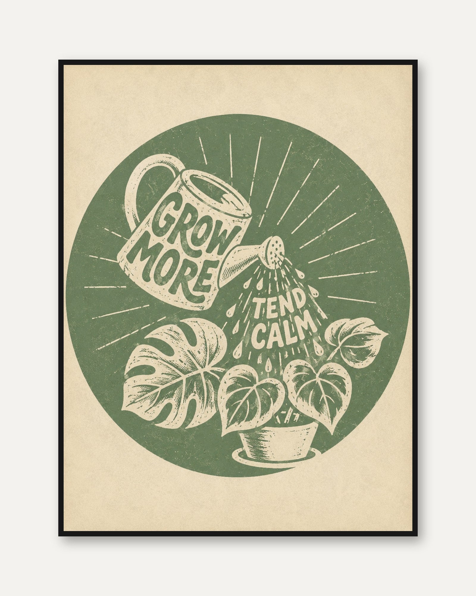 Grow More Tend Calmly Plant Print: Vintage Botanical Linocut Art - framed