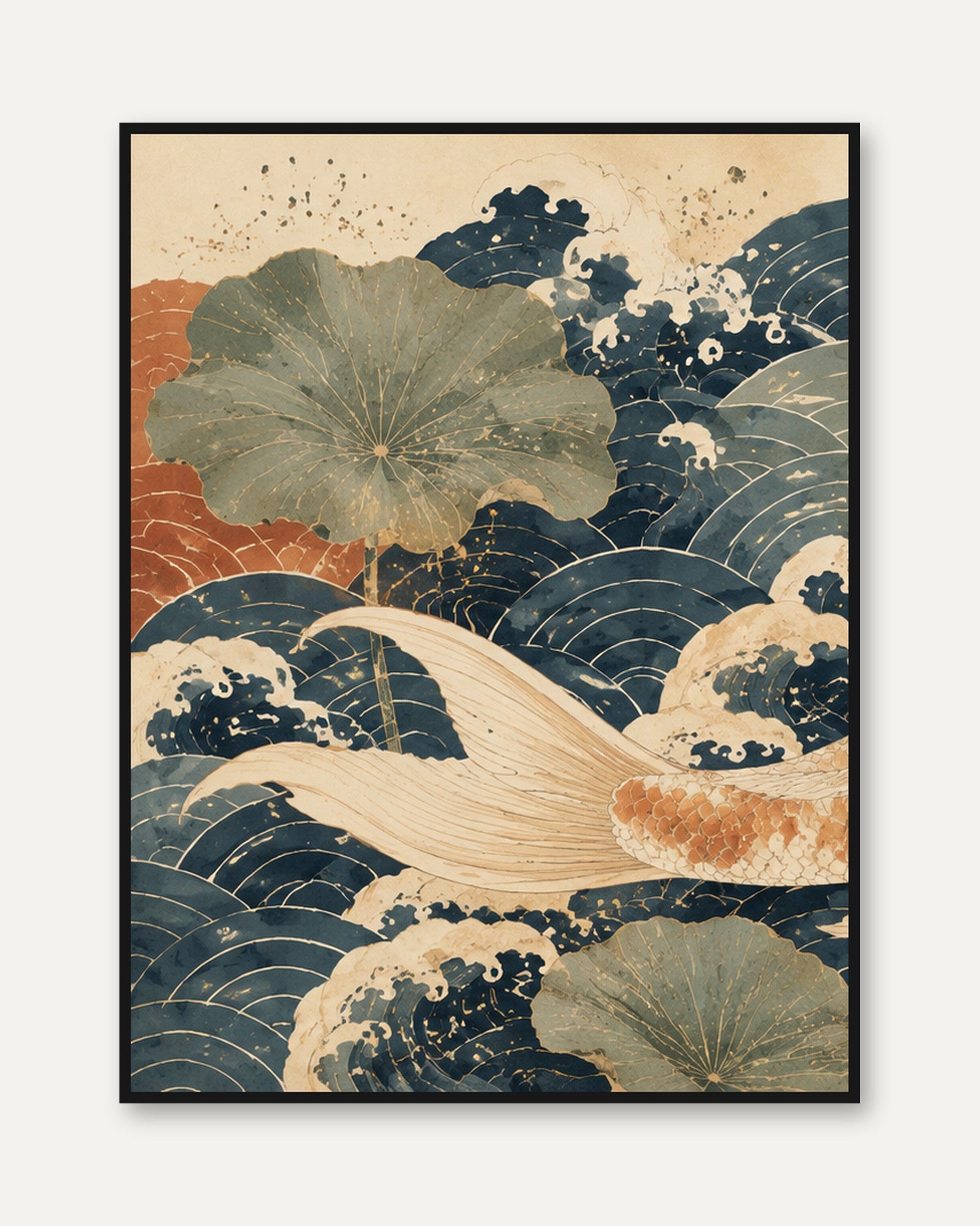 Japanese Koi and Lotus Waves Art Print: Traditional Ocean Design - framed