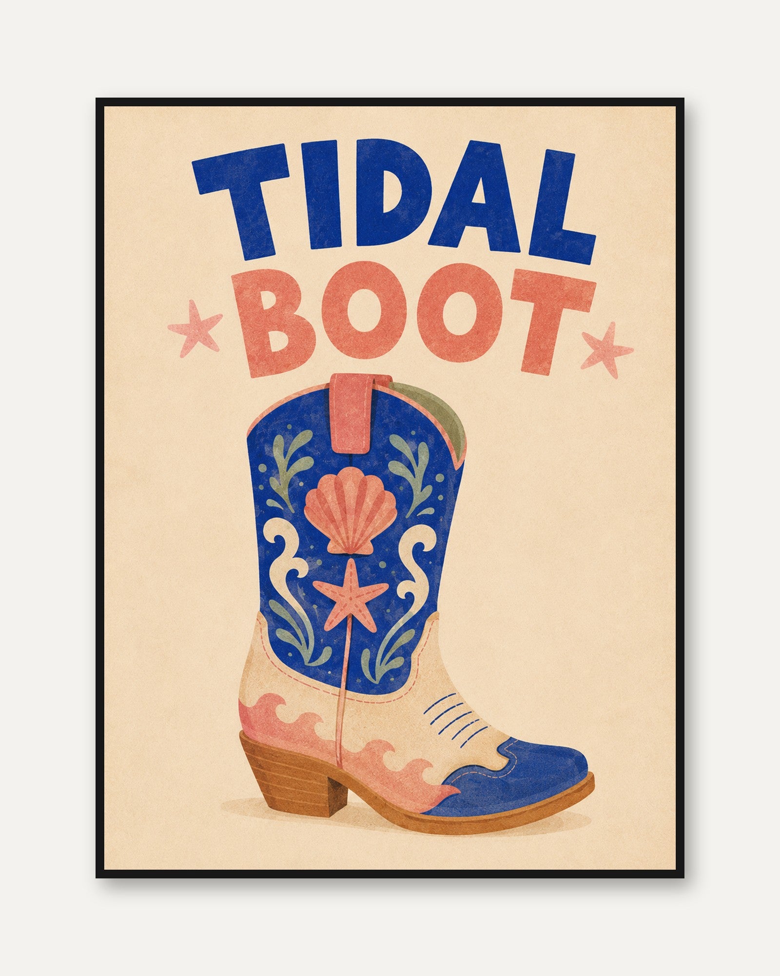 Tidal Boot Print: Coastal Western Cowboy Art with Seashells - framed