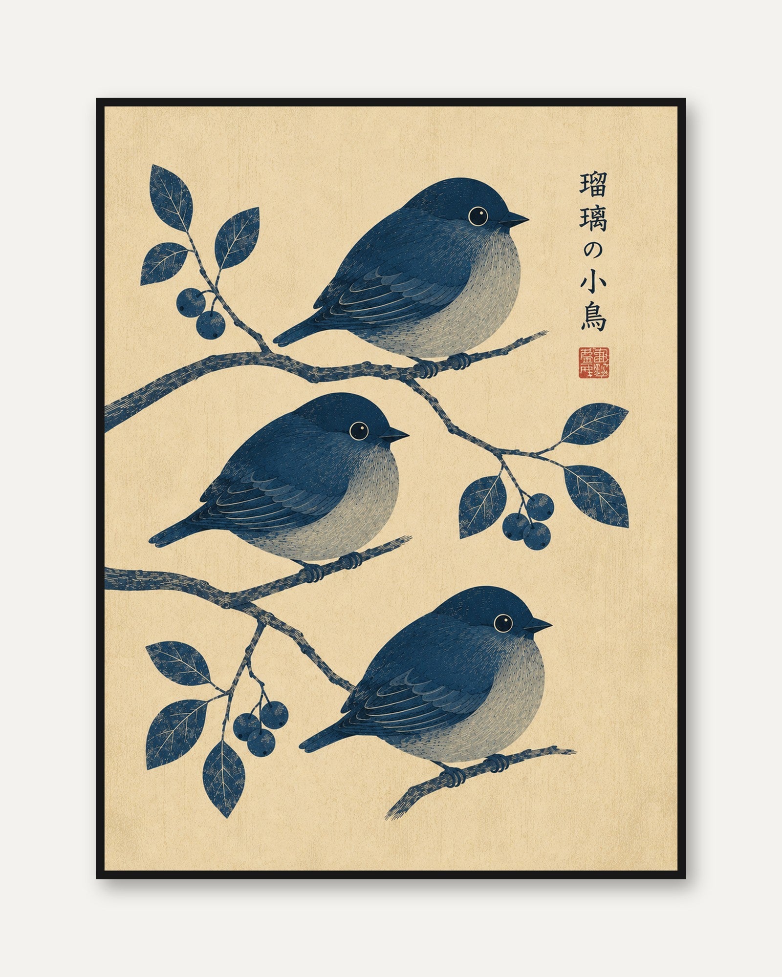 Japanese Bird Print — Three Blue Songbirds on Branch - framed
