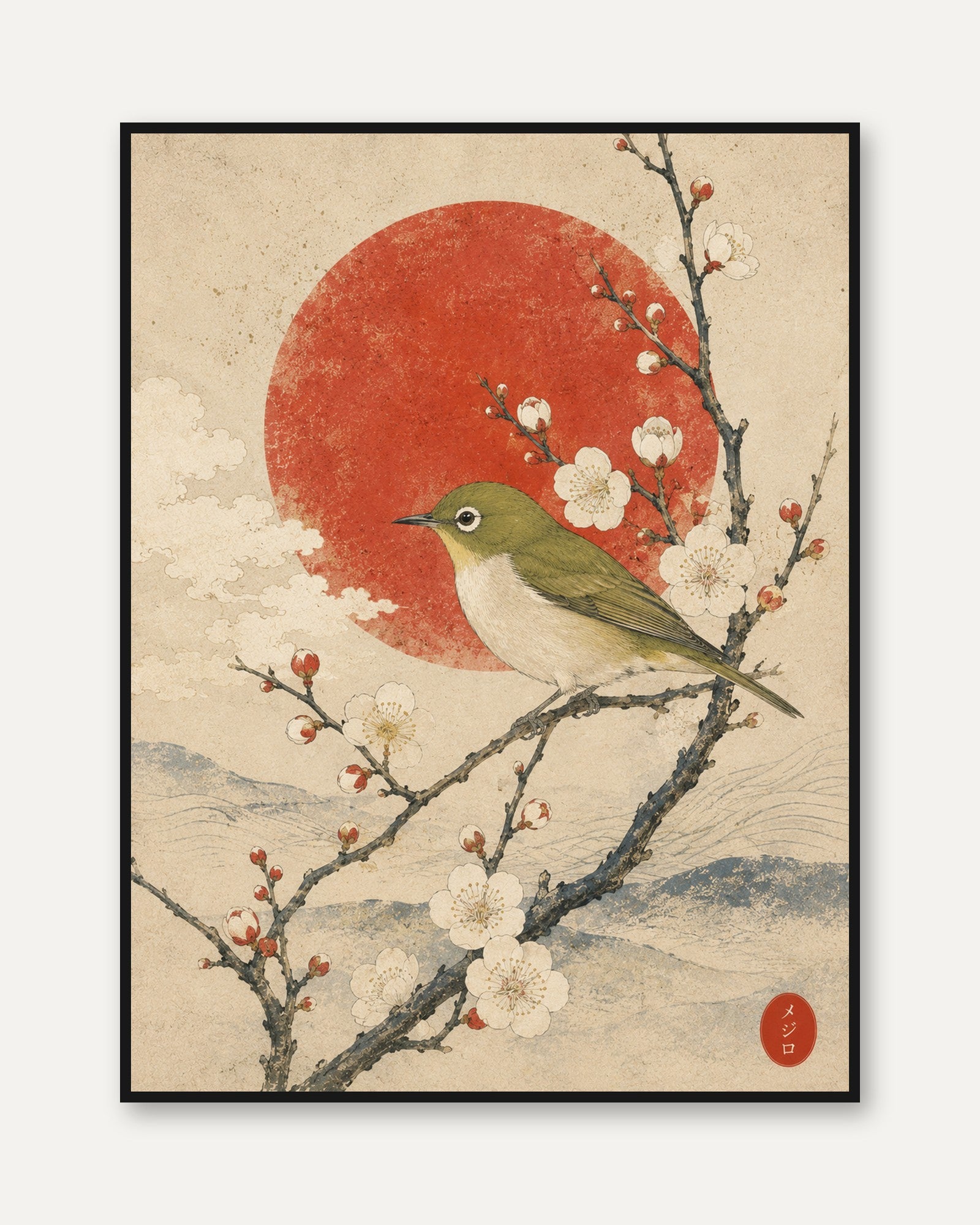 Japanese Bird and Plum Blossom Print - framed
