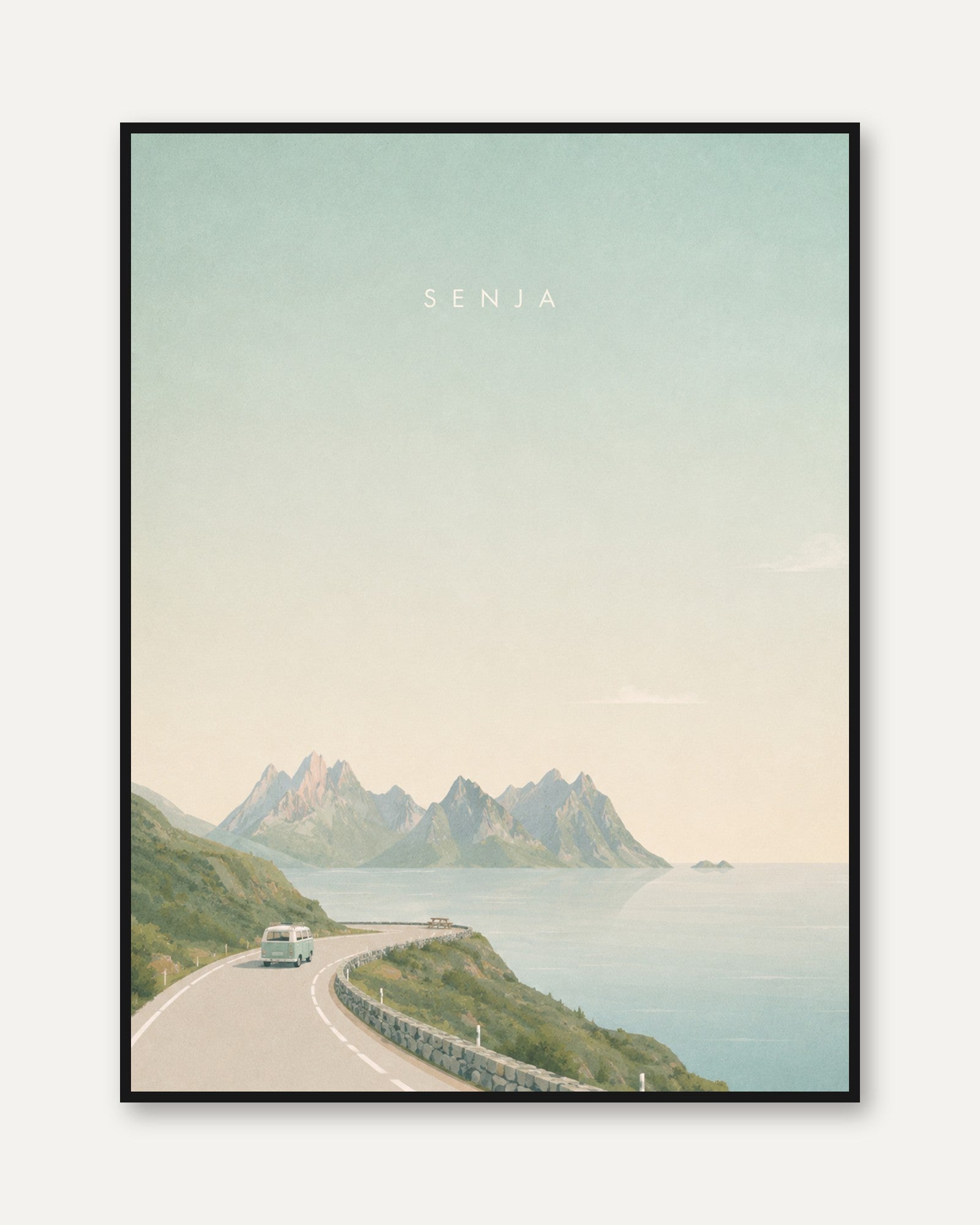 Senja Coastal Road Print: Minimalist Norwegian Landscape Art - framed
