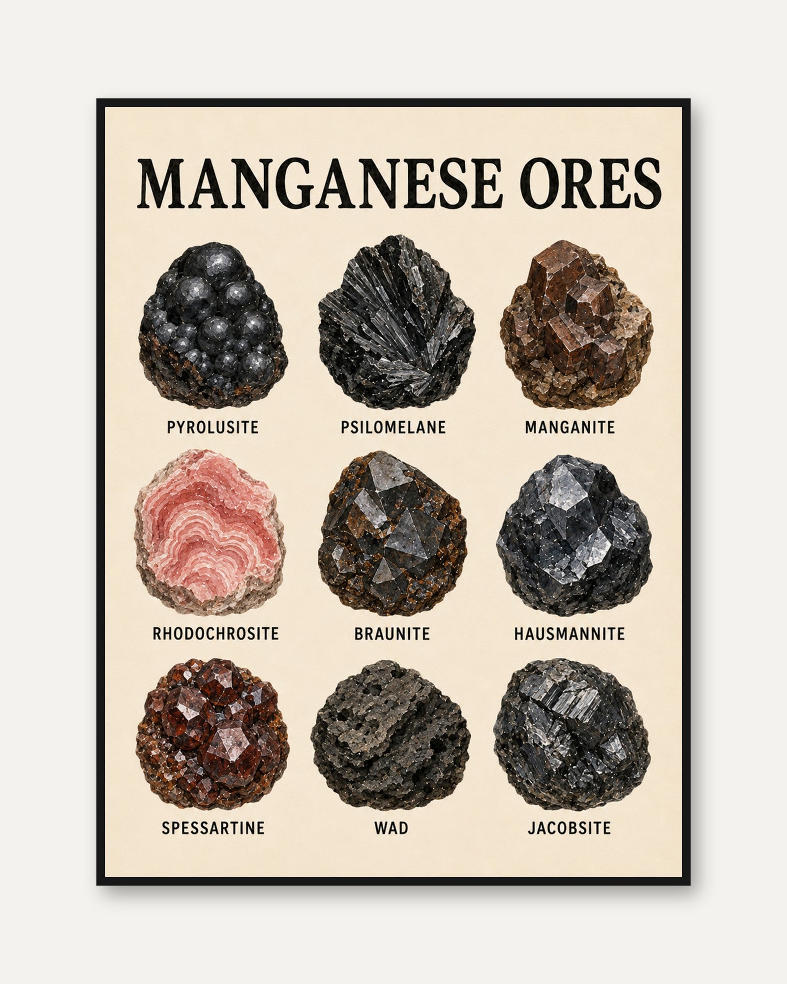 Manganese Ores Educational Poster: Vintage Mineralogy Chart - framed