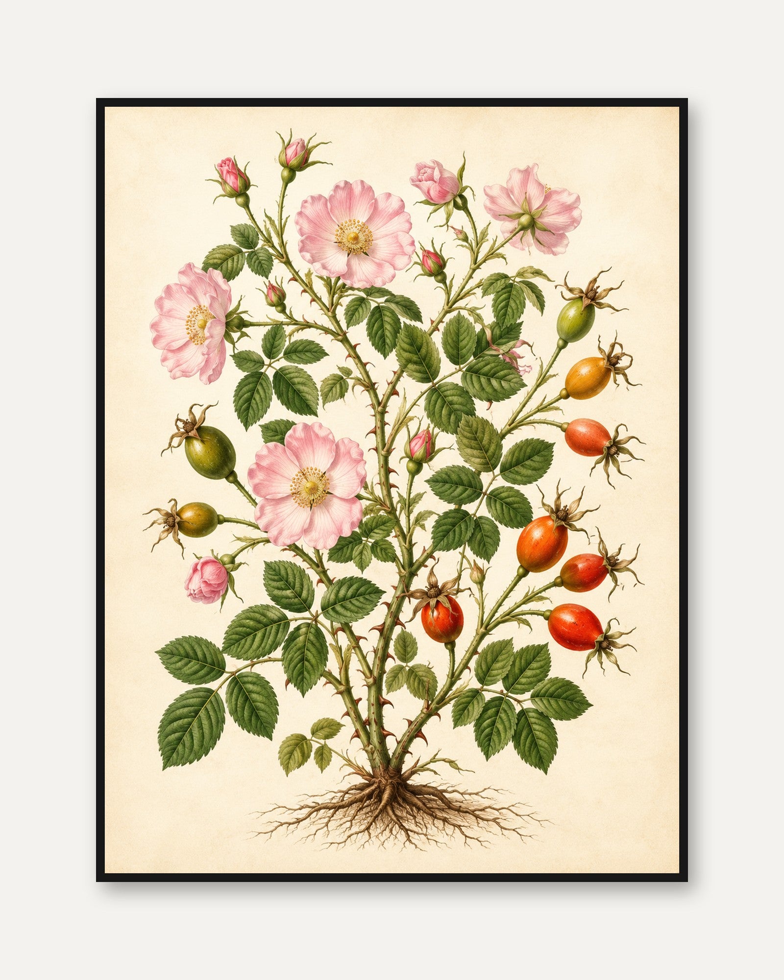 Vintage Botanical Rose Print — Antique Hand-Painted Wild Rose - framed