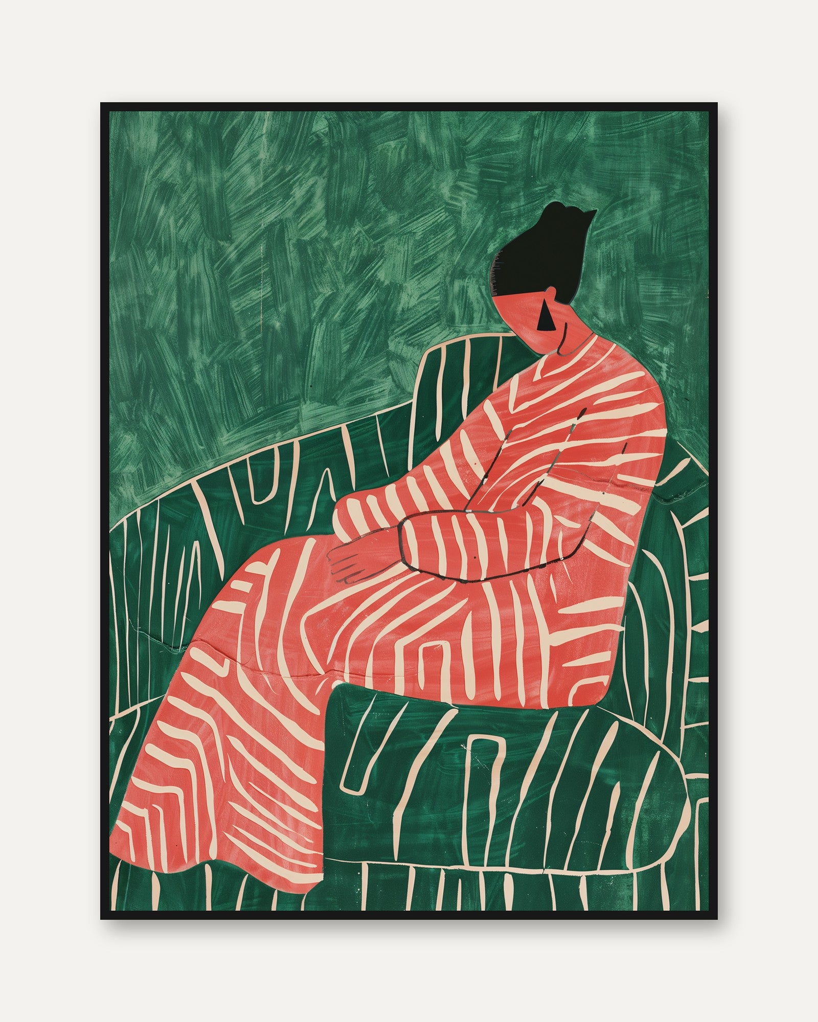Seated Figure in Striped Robe Art Print: Modern Coral and Green - framed
