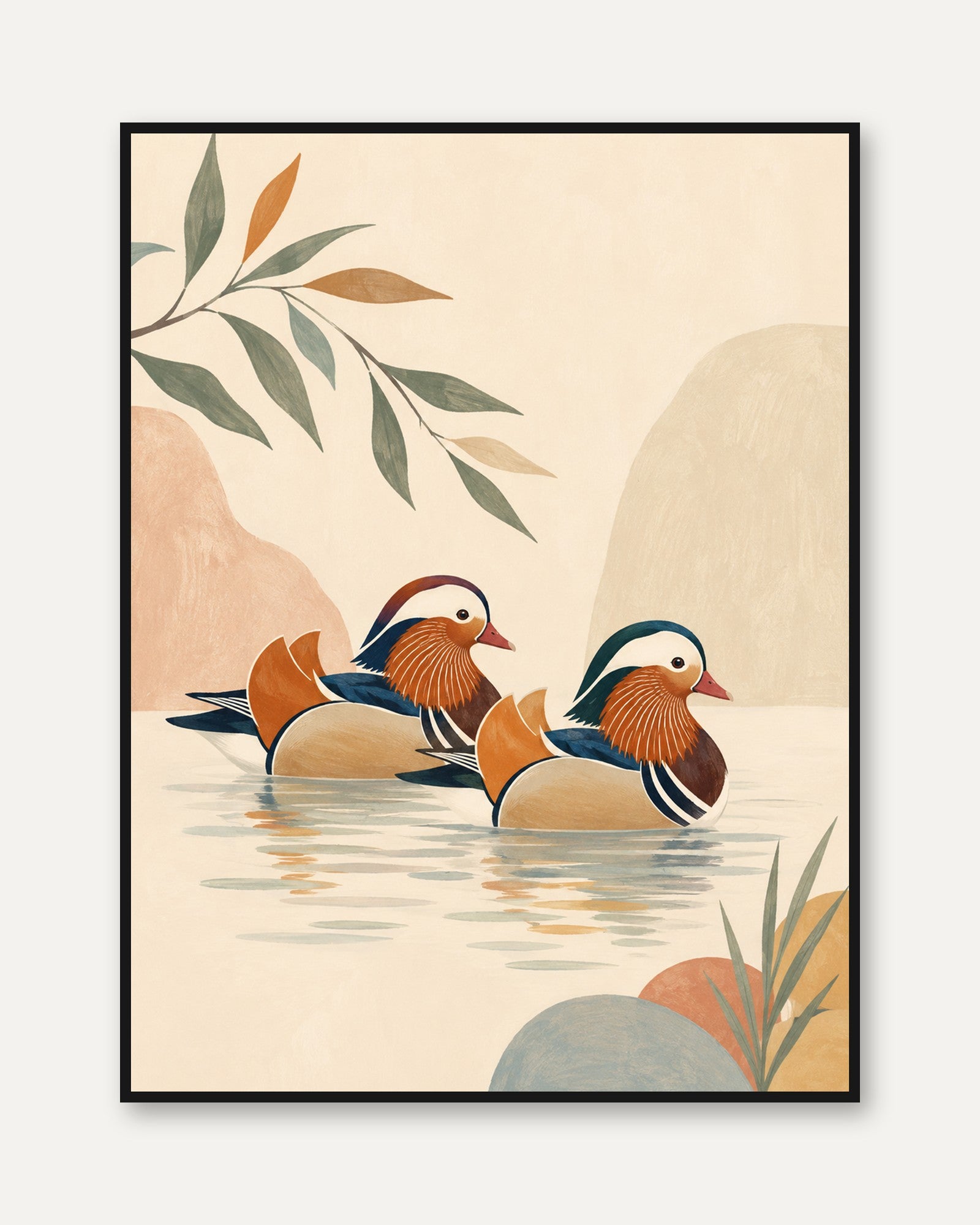 Mandarin Ducks Wall Art: Minimalist Asian Inspired Design - framed