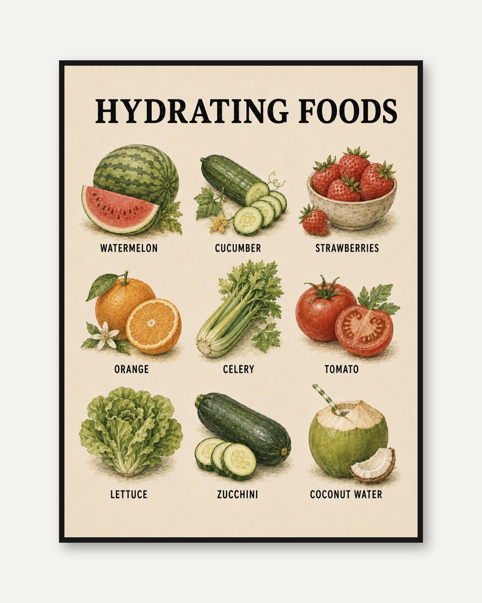 Hydrating Foods Poster – Kitchen Wall Art - framed