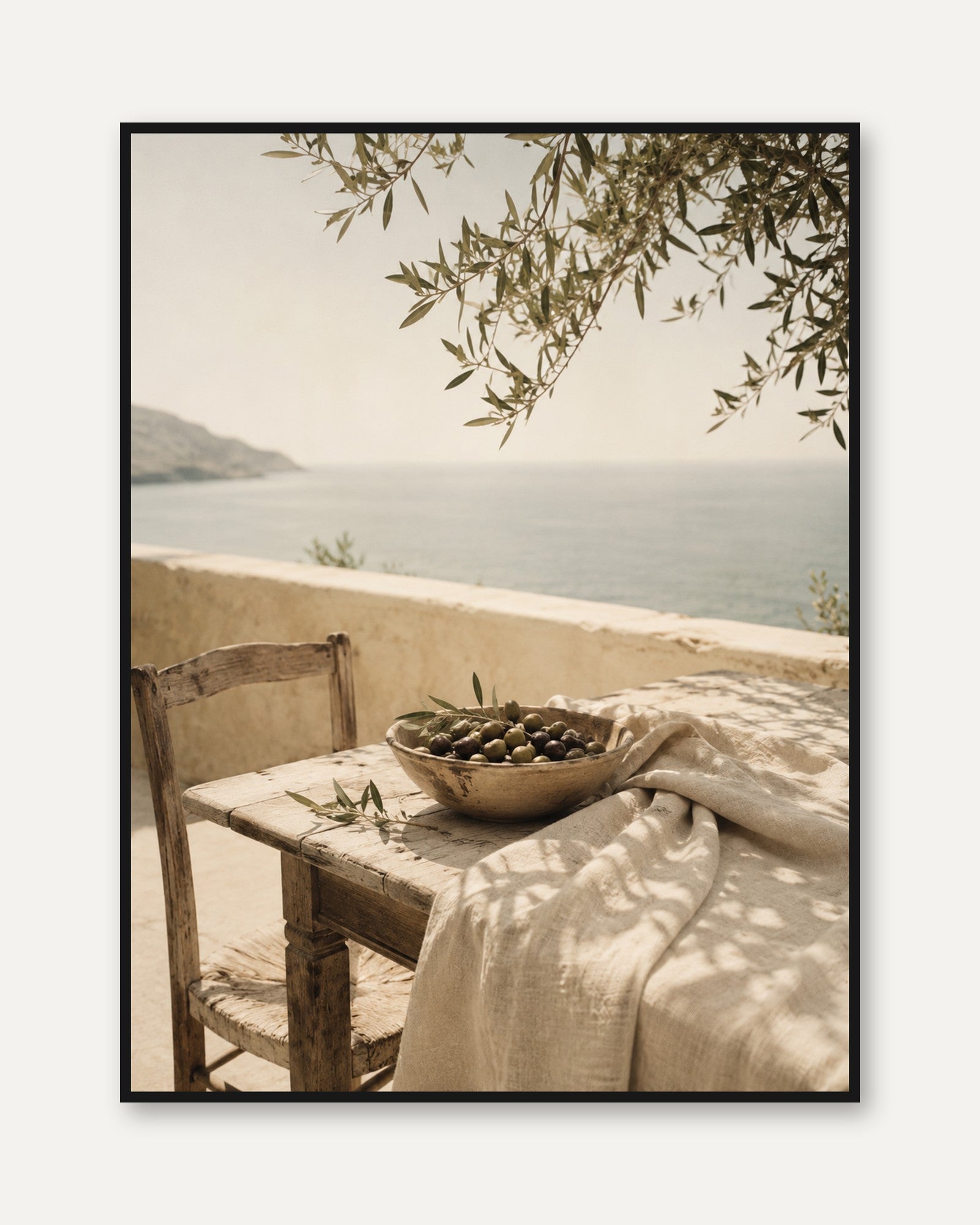 Mediterranean Olive Terrace Print: Vintage Sepia Coastal Wall Art - framed