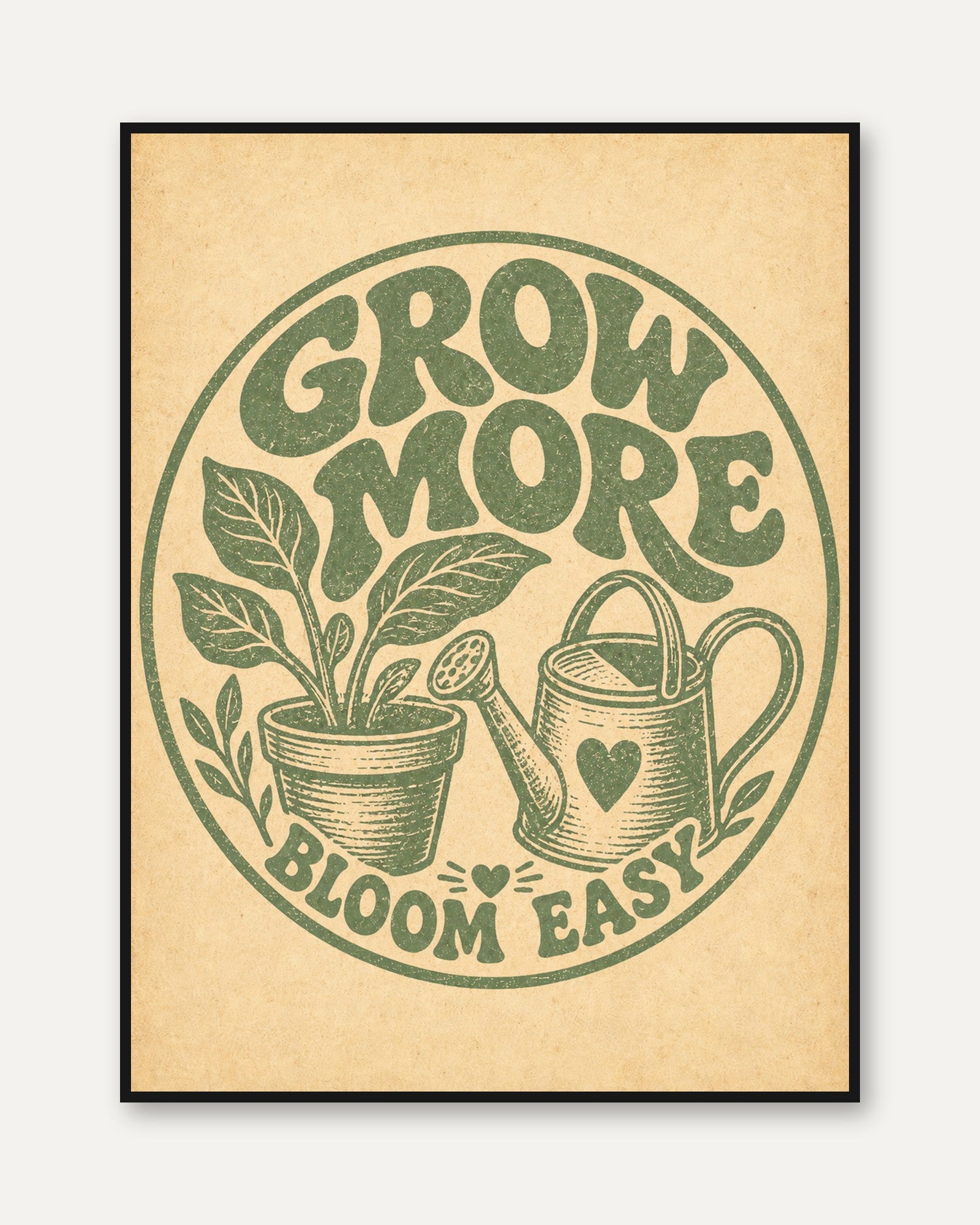 Grow More Bloom Easy Print: Vintage Green Gardening Poster - framed
