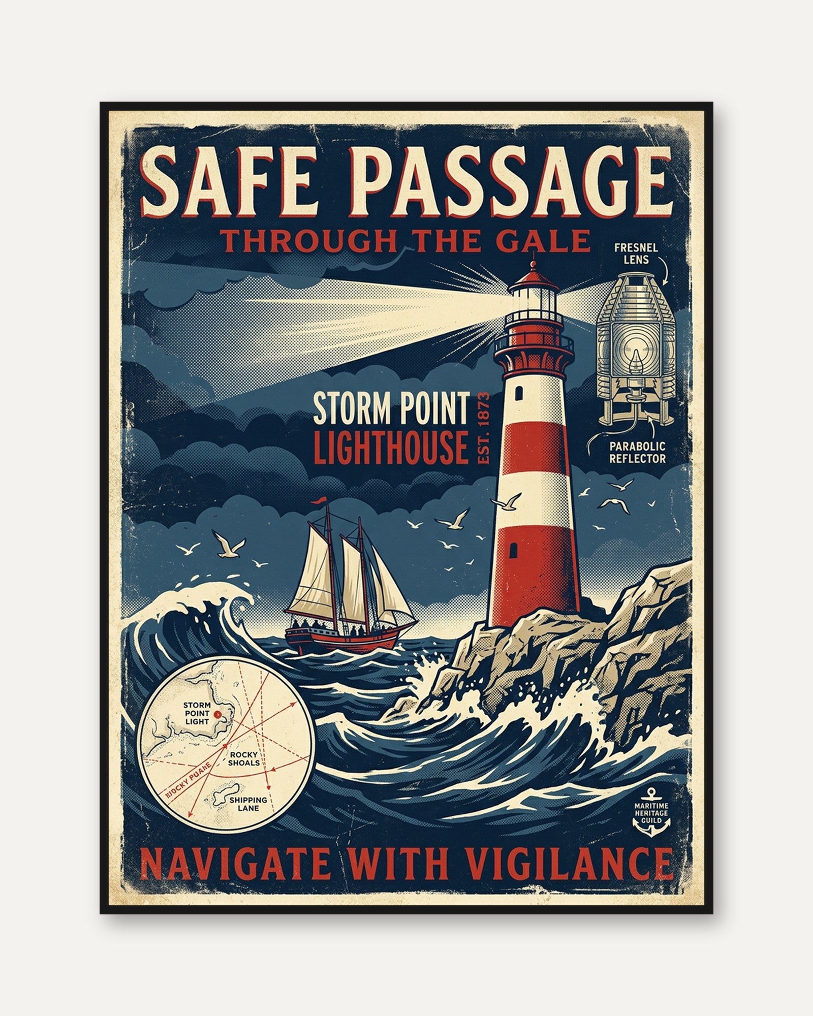Lighthouse Vintage Nautical Print — Retro Storm Point Maritime Poster - framed