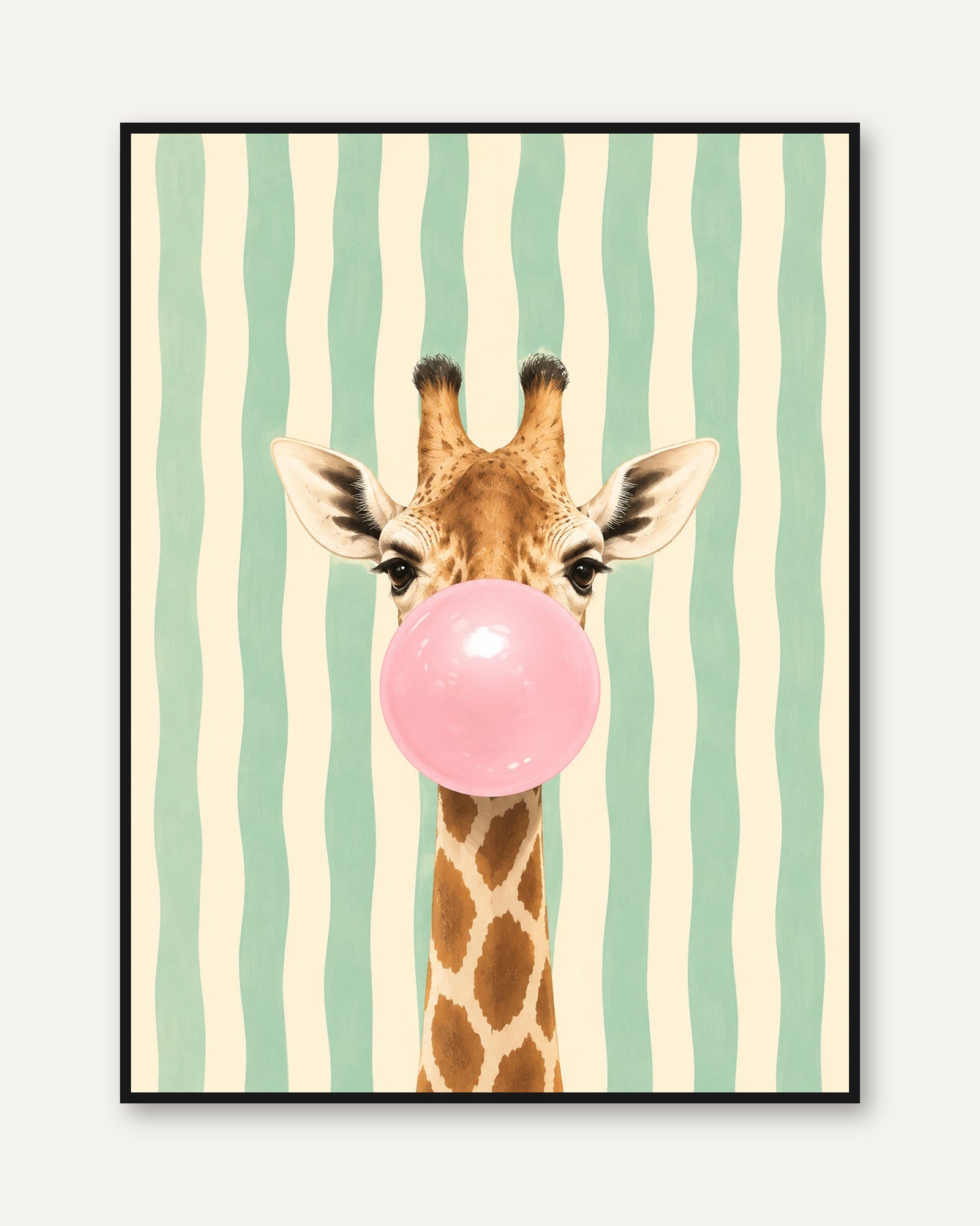 Giraffe Blowing Bubblegum Print: Whimsical Animal Wall Art - framed