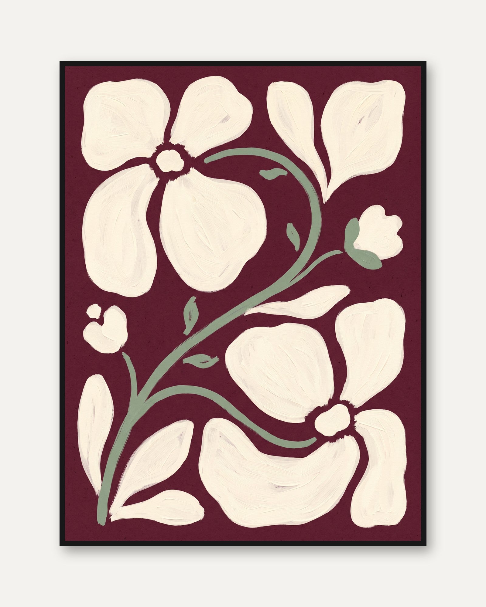 Burgundy Botanical Poster: Abstract Flowers and Leaves - framed