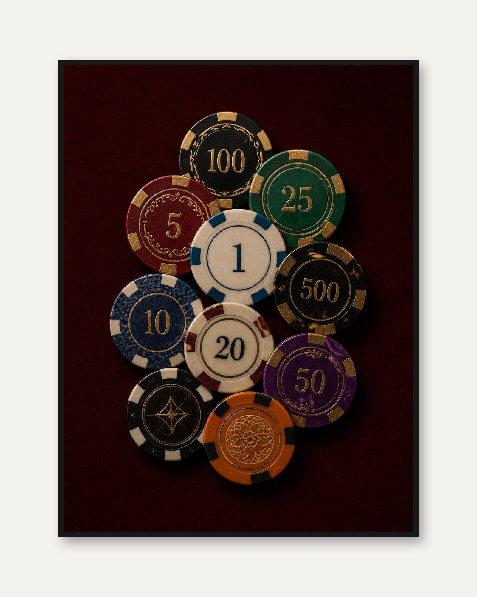Casino Wall Art – Poker Chips Print - framed