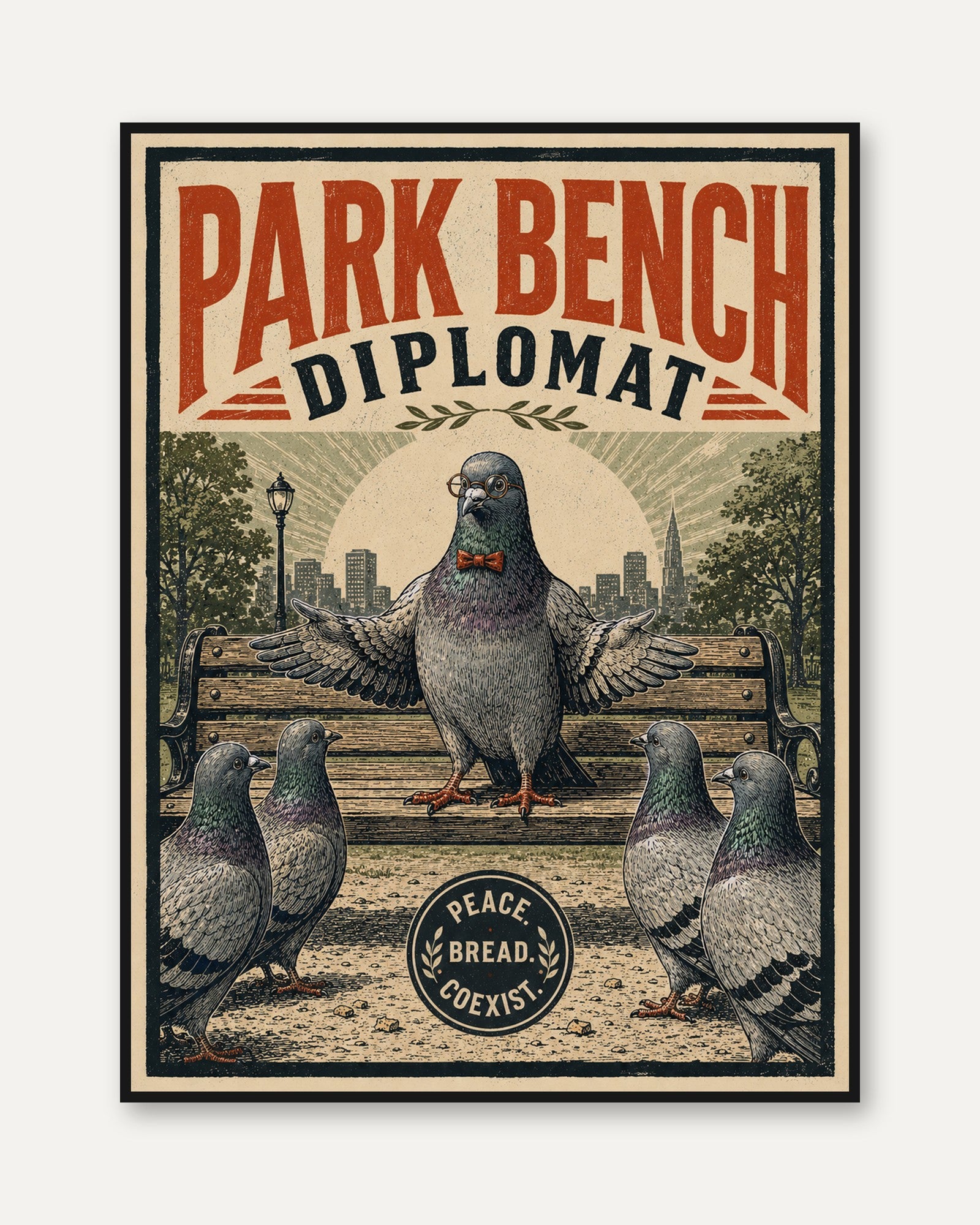Park Bench Diplomat Poster: Vintage Pigeon Art (Mid-Century Style) - framed