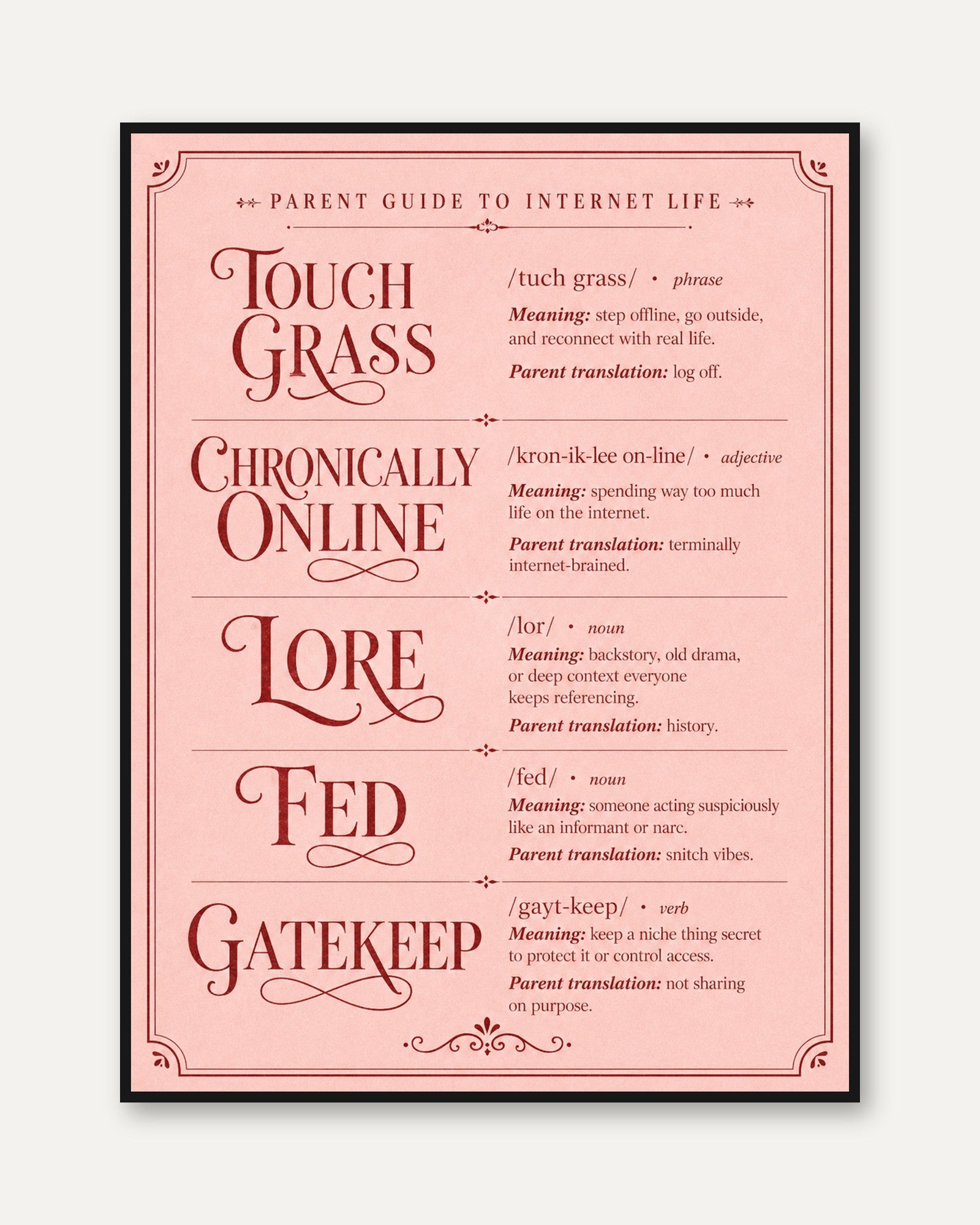 Internet Slang Dictionary Poster: Vintage Pink Typography Print - framed