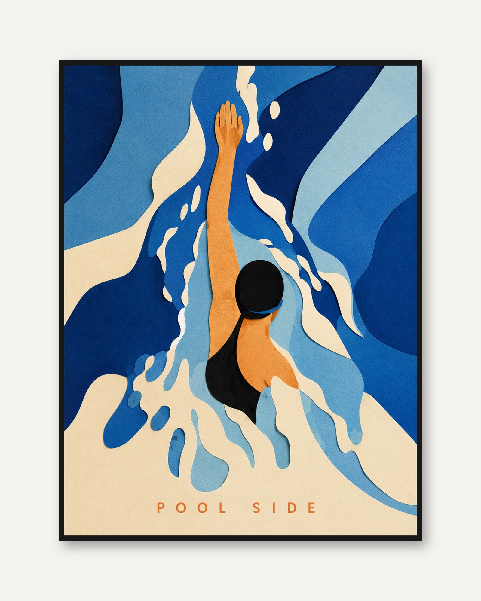 Pool Side Swimmer Art Print: Mid Century Modern Blue Abstract - framed