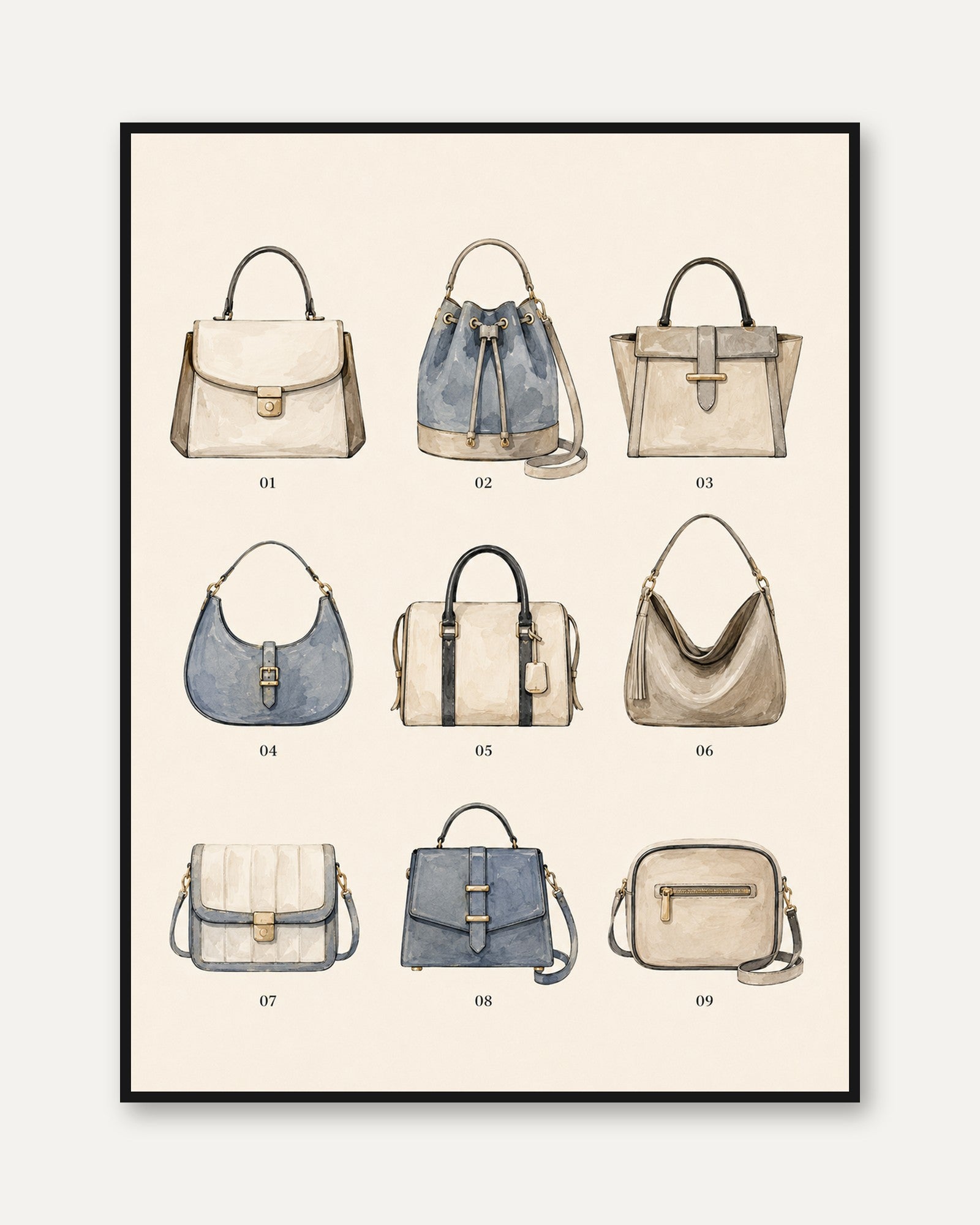 Designer Handbag Collection Poster: Watercolor Fashion Art - framed