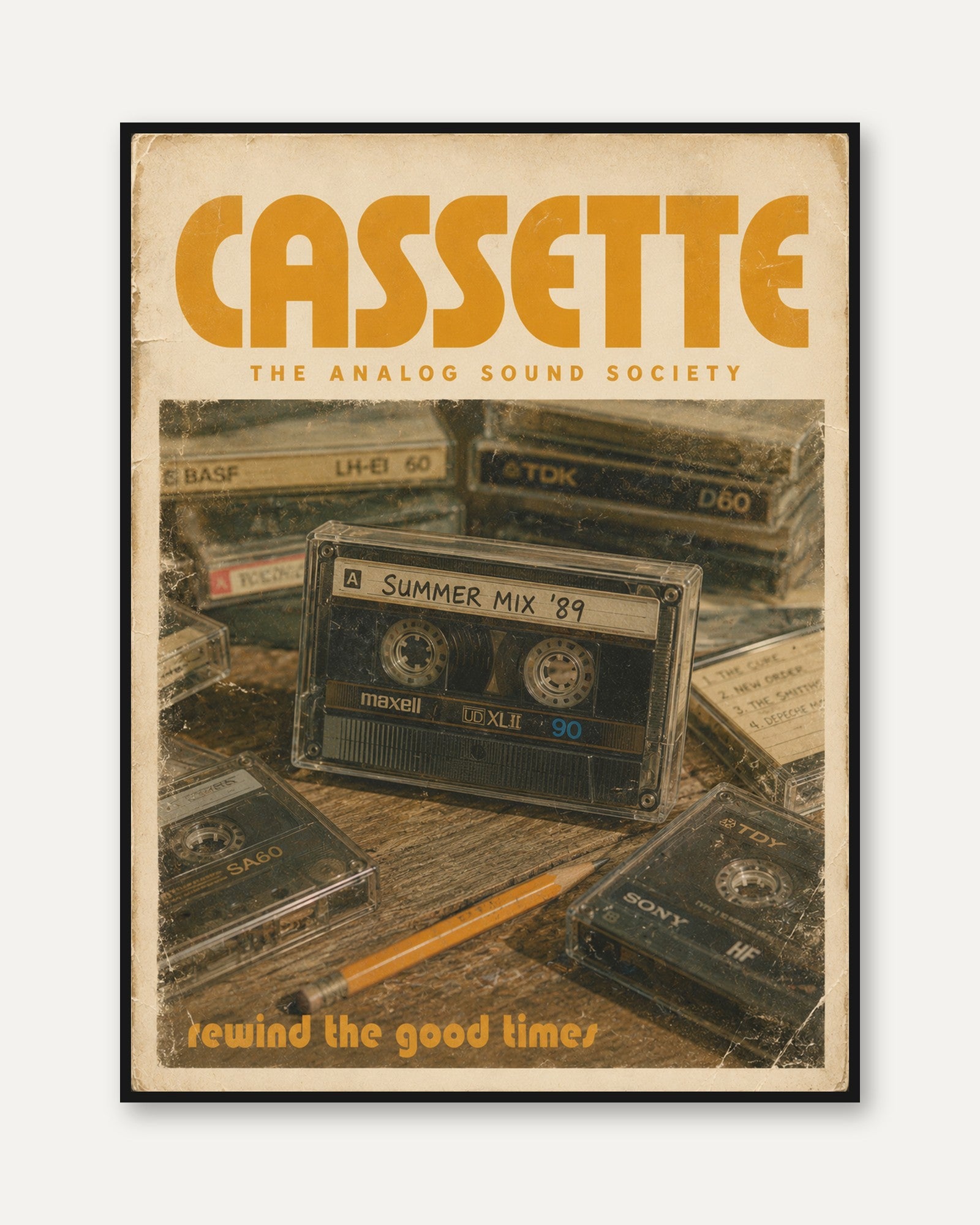 Vintage Cassette Tape Poster — Retro 80s Music Wall Art - framed