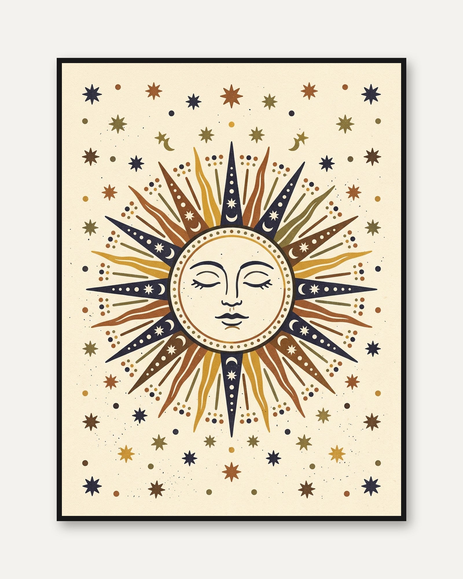 Celestial Sun Face Art Print: Folk Art Style in Earthy Tones - framed