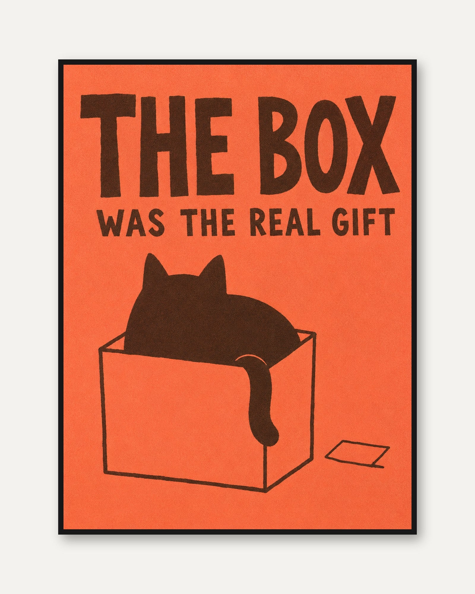 Cat in Box Typography Poster: Minimalist Orange and Black Print - framed