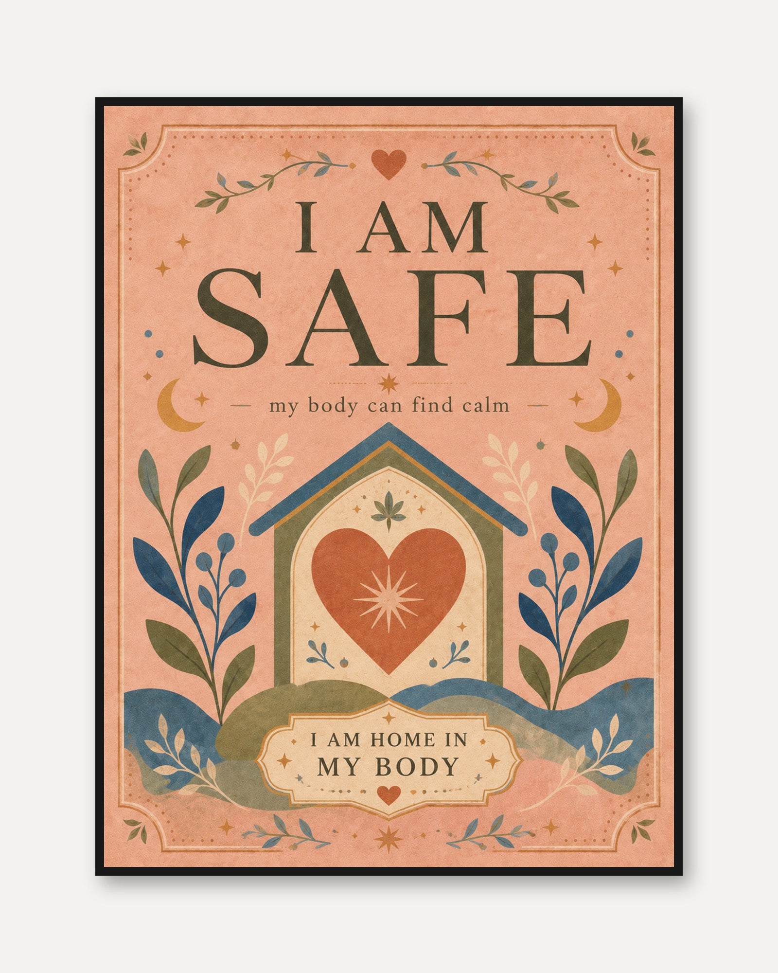 Affirmation Folk Art – I Am Safe Print - framed