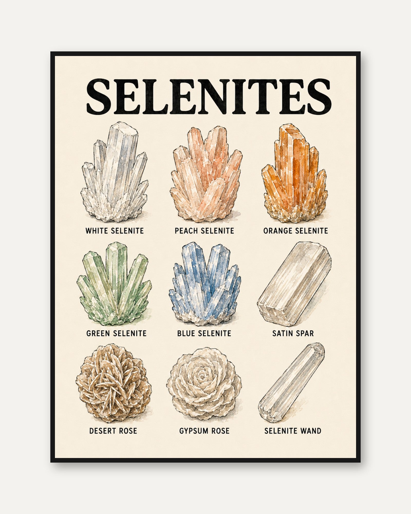 Selenite Crystal Chart Print — Educational Mineral Illustration - framed