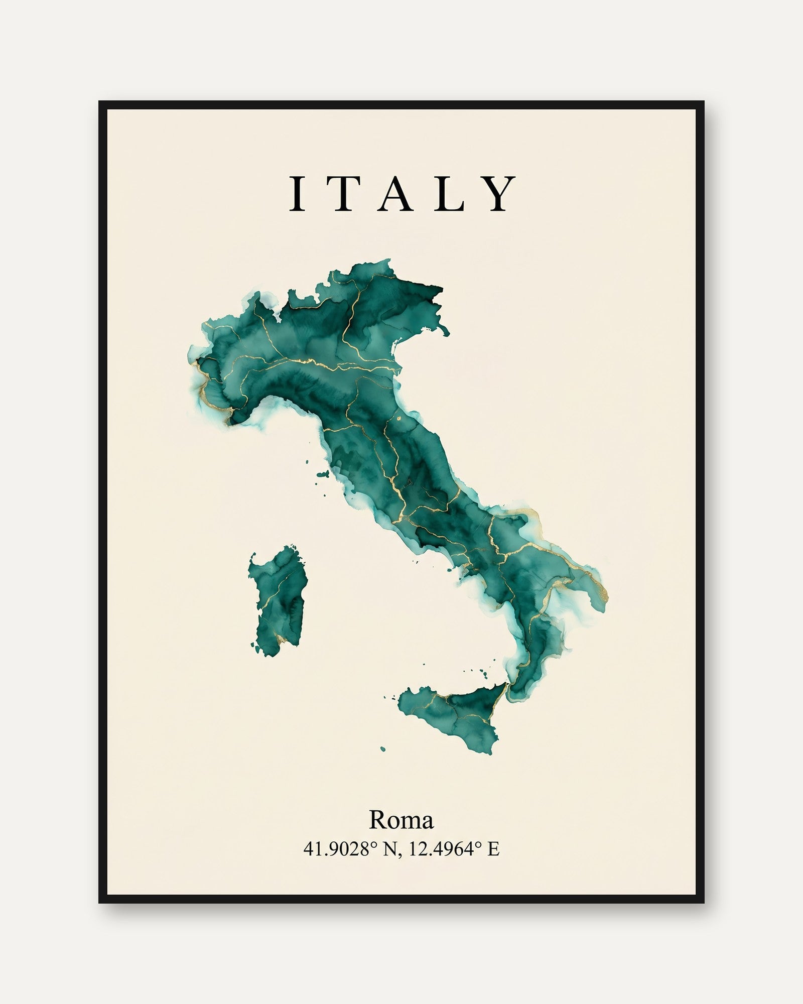 Italy Map Print – Teal Gold Watercolor Cartography Travel Decor - framed
