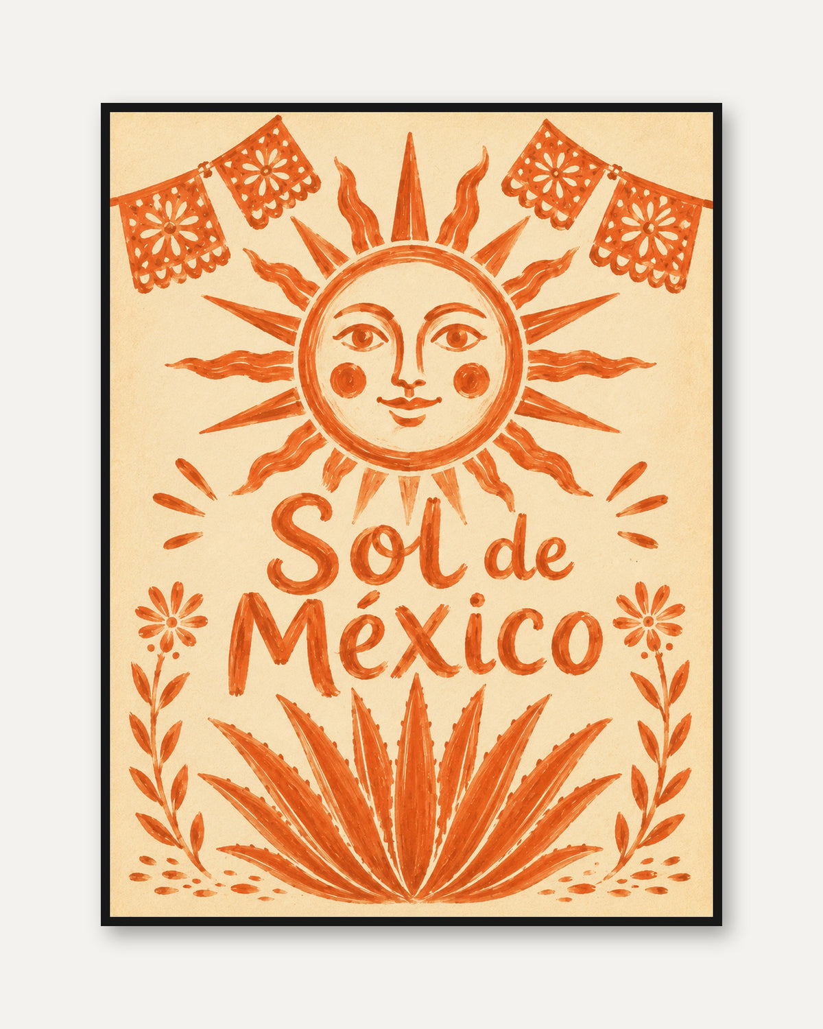Sol de Mexico Poster: Folk Art Sun Print in Orange and Cream - framed