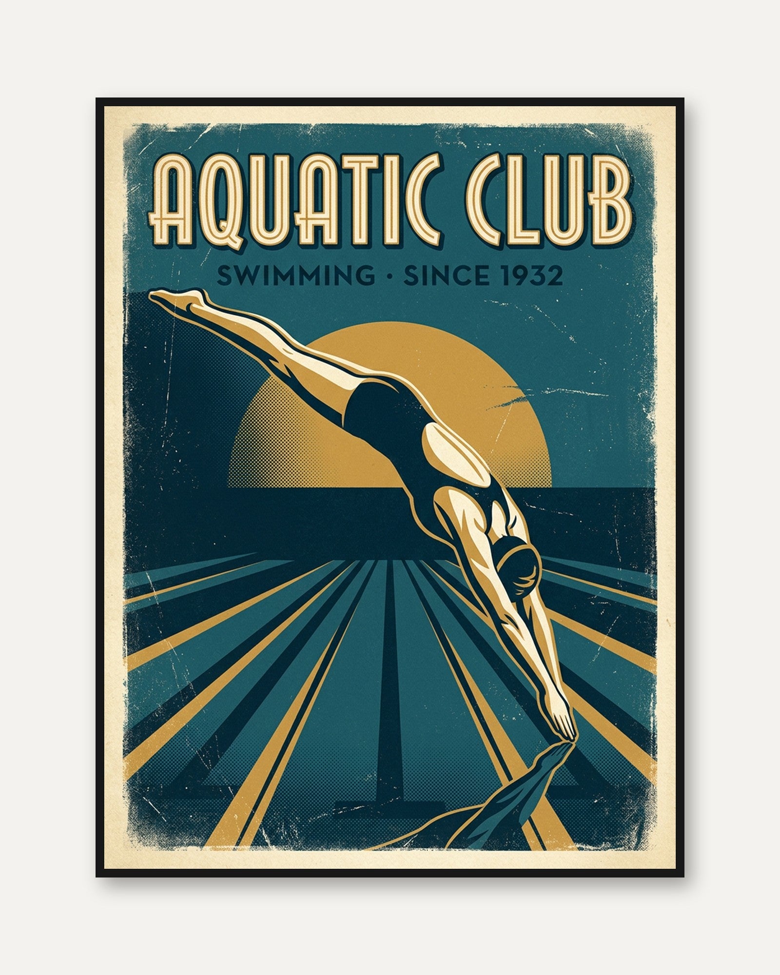 Aquatic Club Swimming Poster: Vintage Art Deco Diver Print - framed