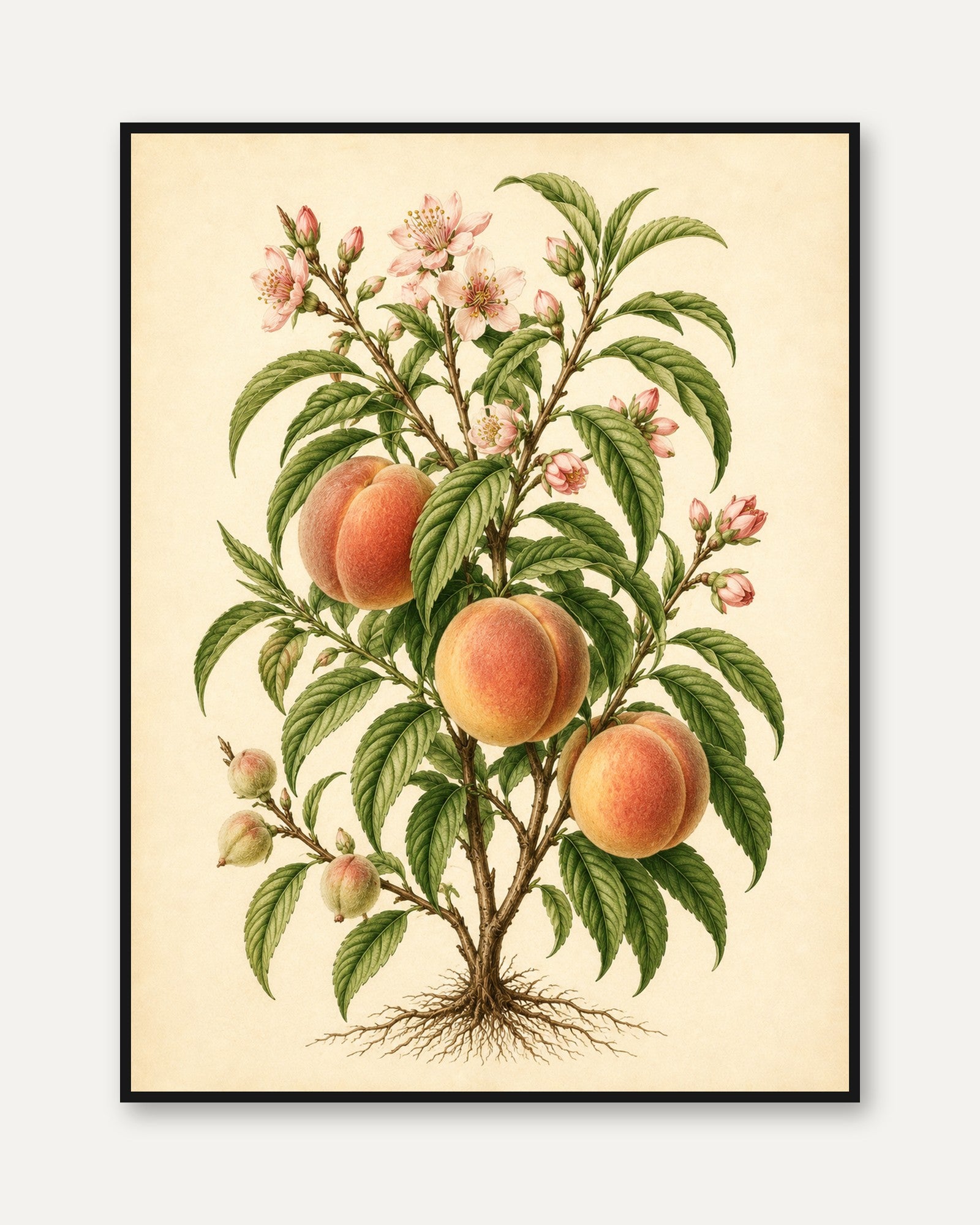 Vintage Peach Botanical Print — Hand-Painted Fruit Tree Illustration - framed