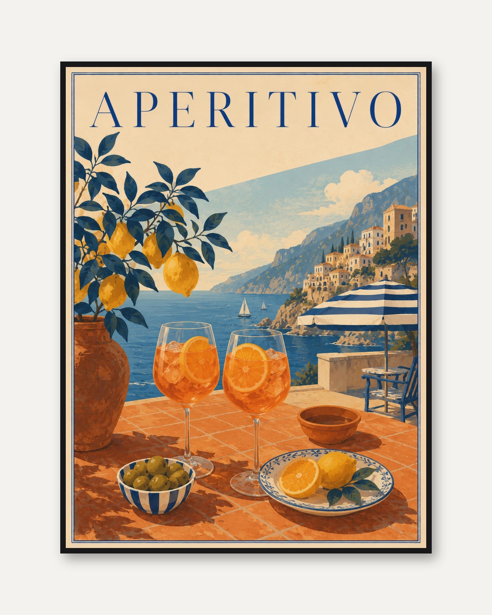 Aperitivo Travel Poster: Italian Coast Vintage Art (Kitchen & Dining) - framed