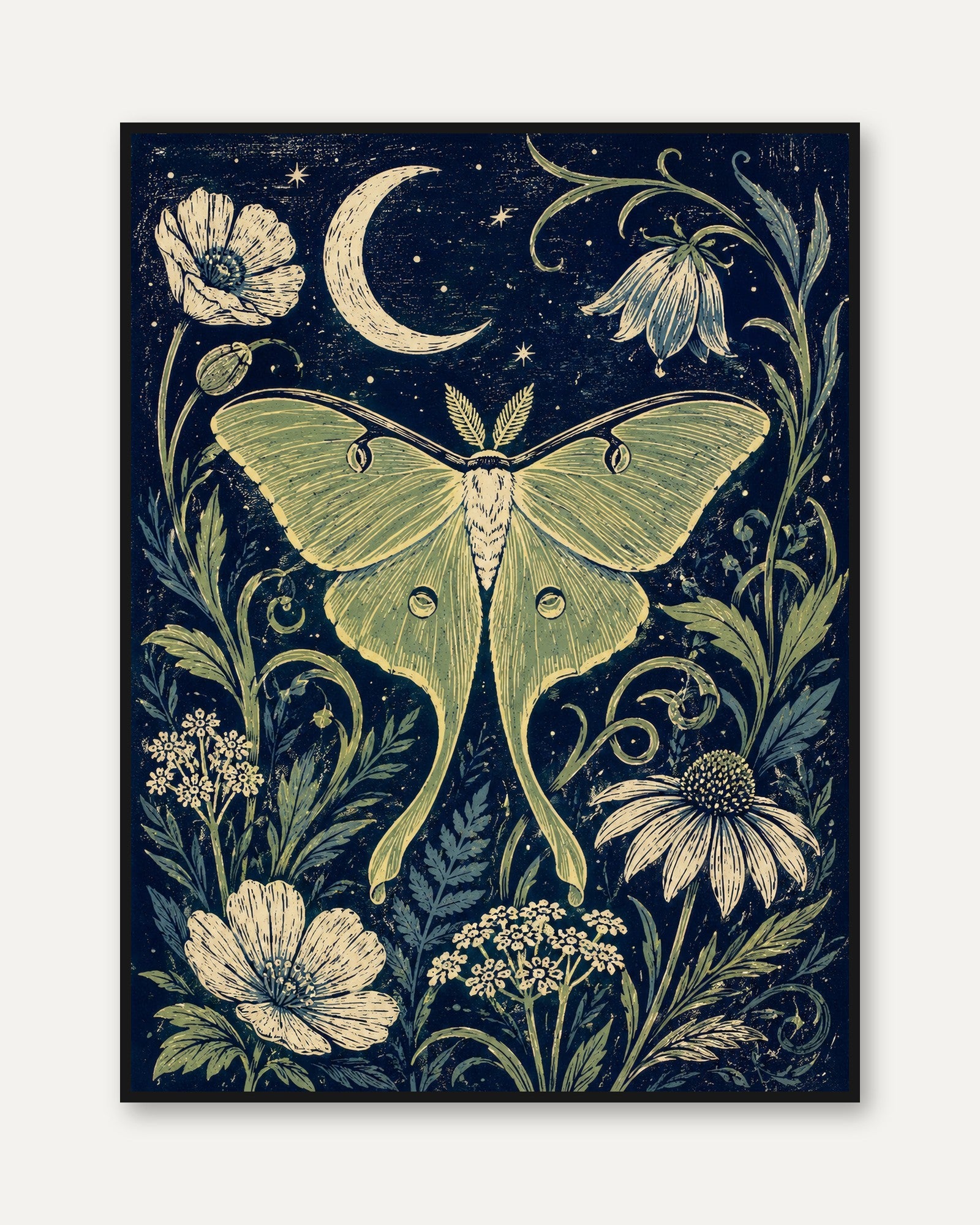 Luna Moth Botanical Print — Art Nouveau Night Garden - framed