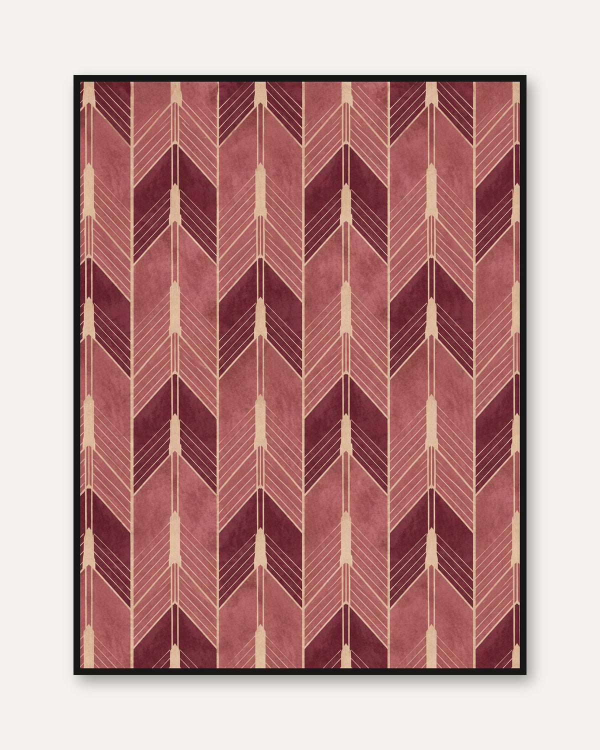 Chevron Wall Art: Burgundy and Gold Geometric Print (Vintage Style) - framed