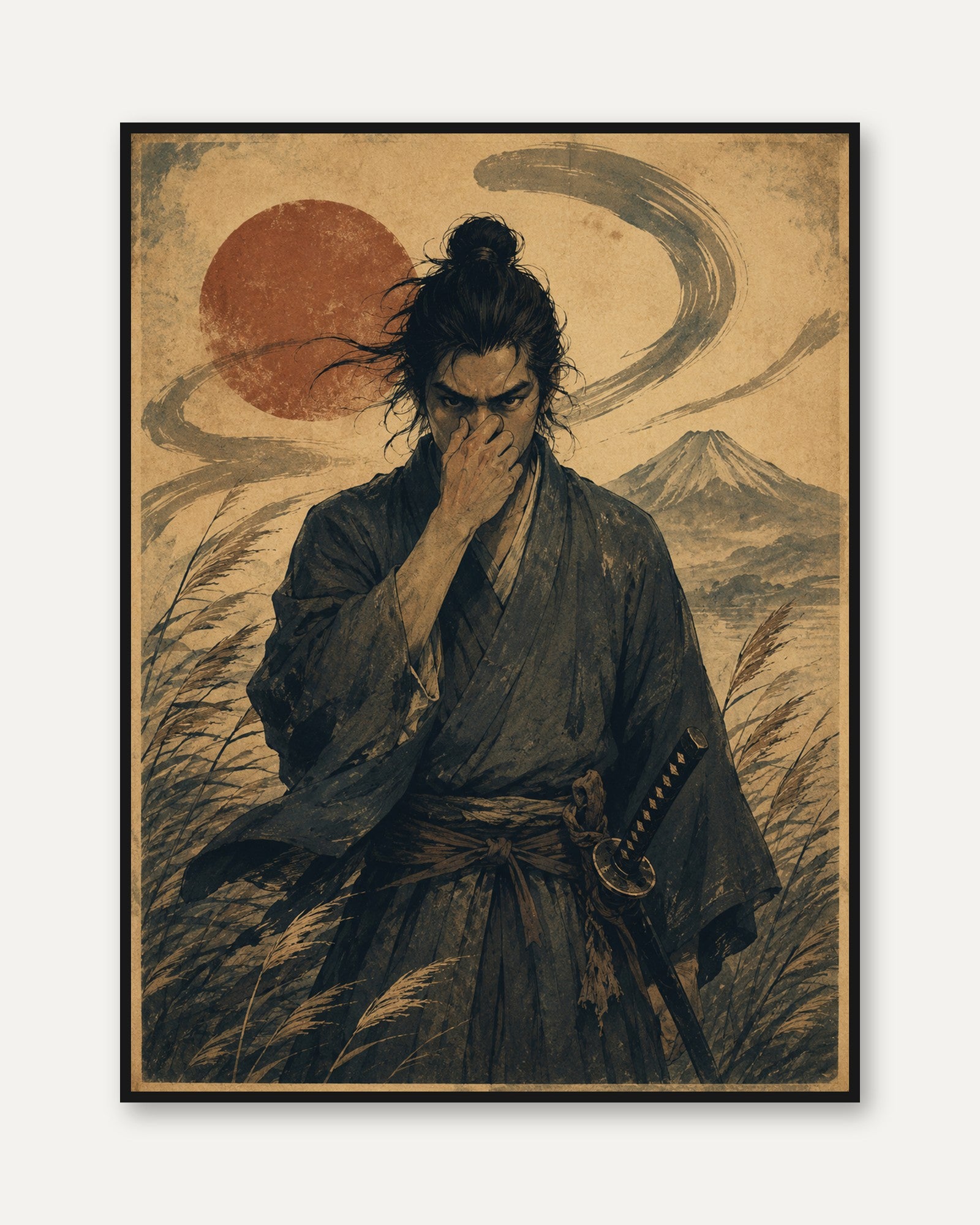 Funny Bathroom Poster Samurai Art Print: Japanese Warrior and Mount - framed