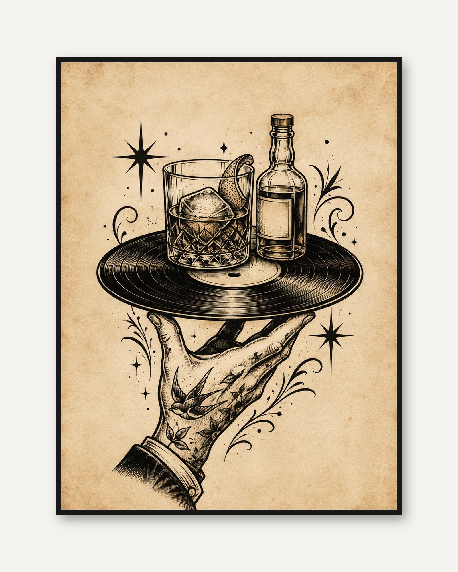 Vintage Cocktail Vinyl Record Art Print: Retro Bar Illustration - framed