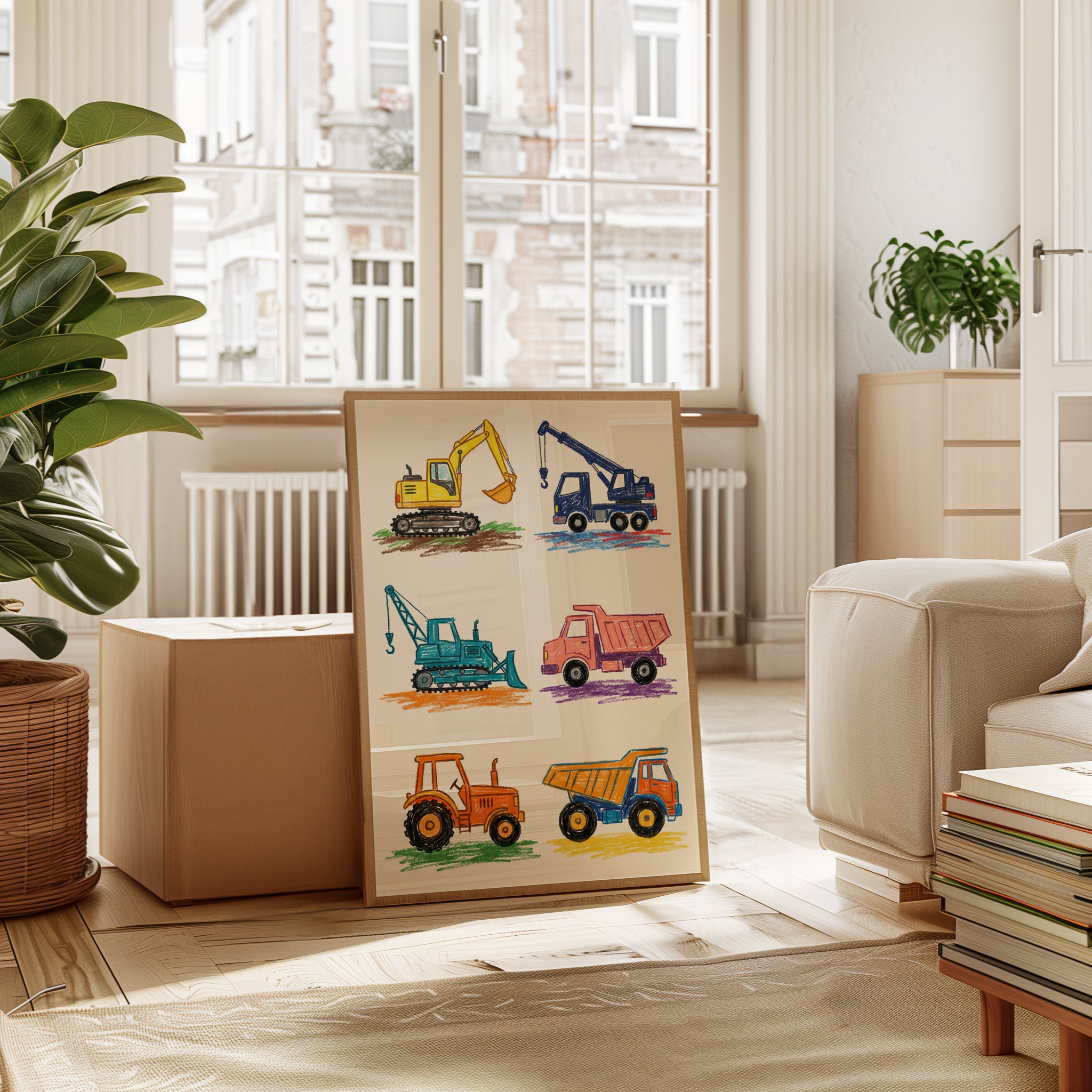 Kids Room Decor, Little Builders Wall Art Print — Construction Trucks