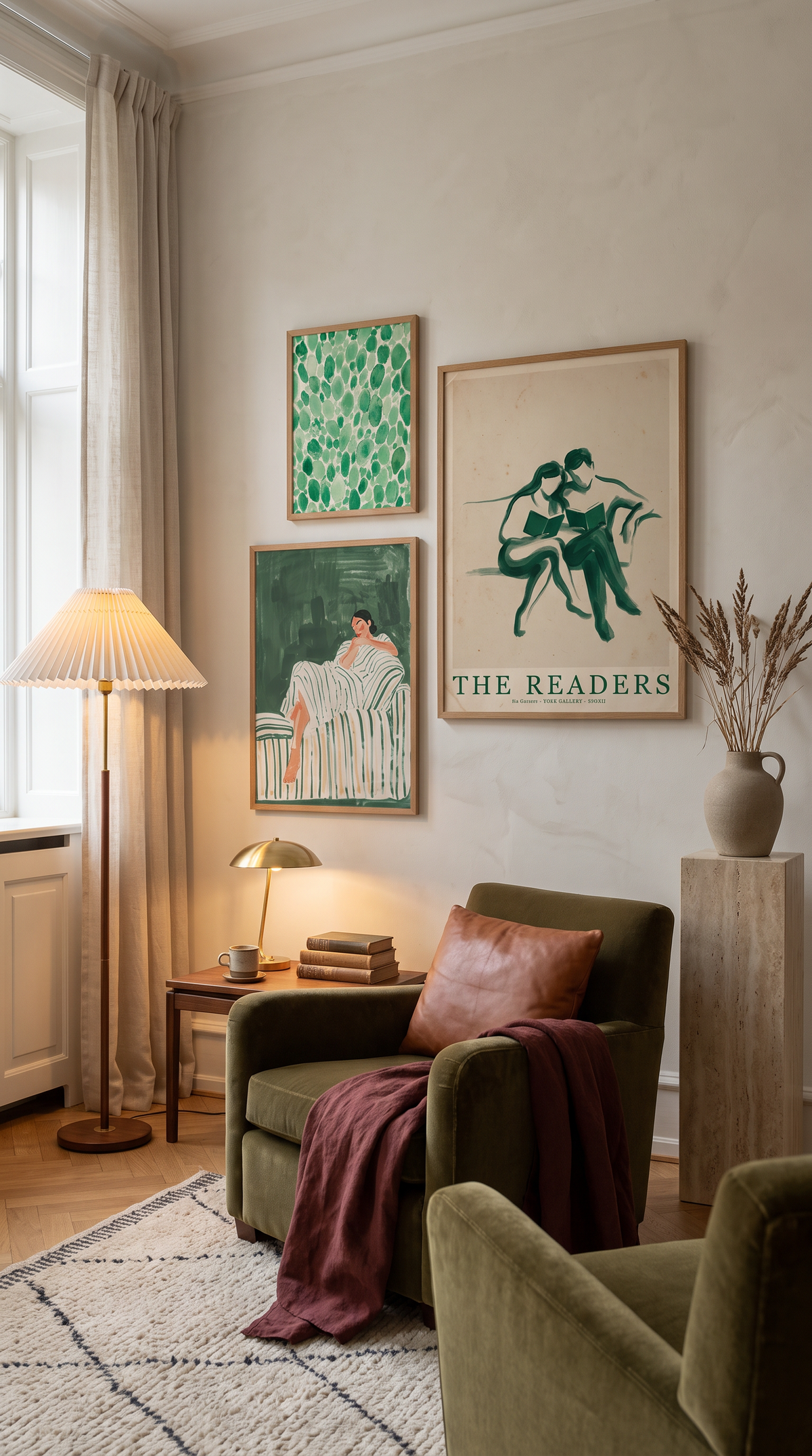 Reading corner gallery wall — The Readers 70×100, Resting Woman green stripes 50×70, Green Watercolor 40×50, oak frames