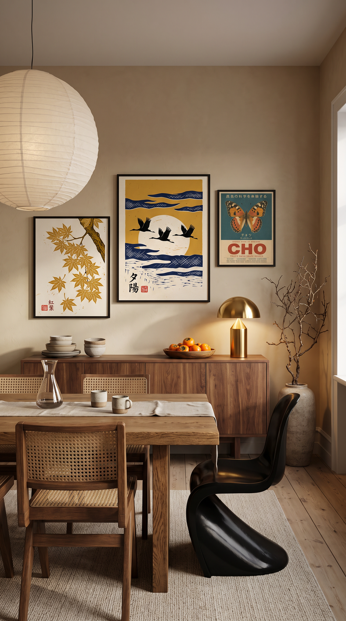 Japandi dining room gallery wall — Japanese Crane 70×100, Maple Leaf 50×70, Japanese Butterfly 40×50, black frames