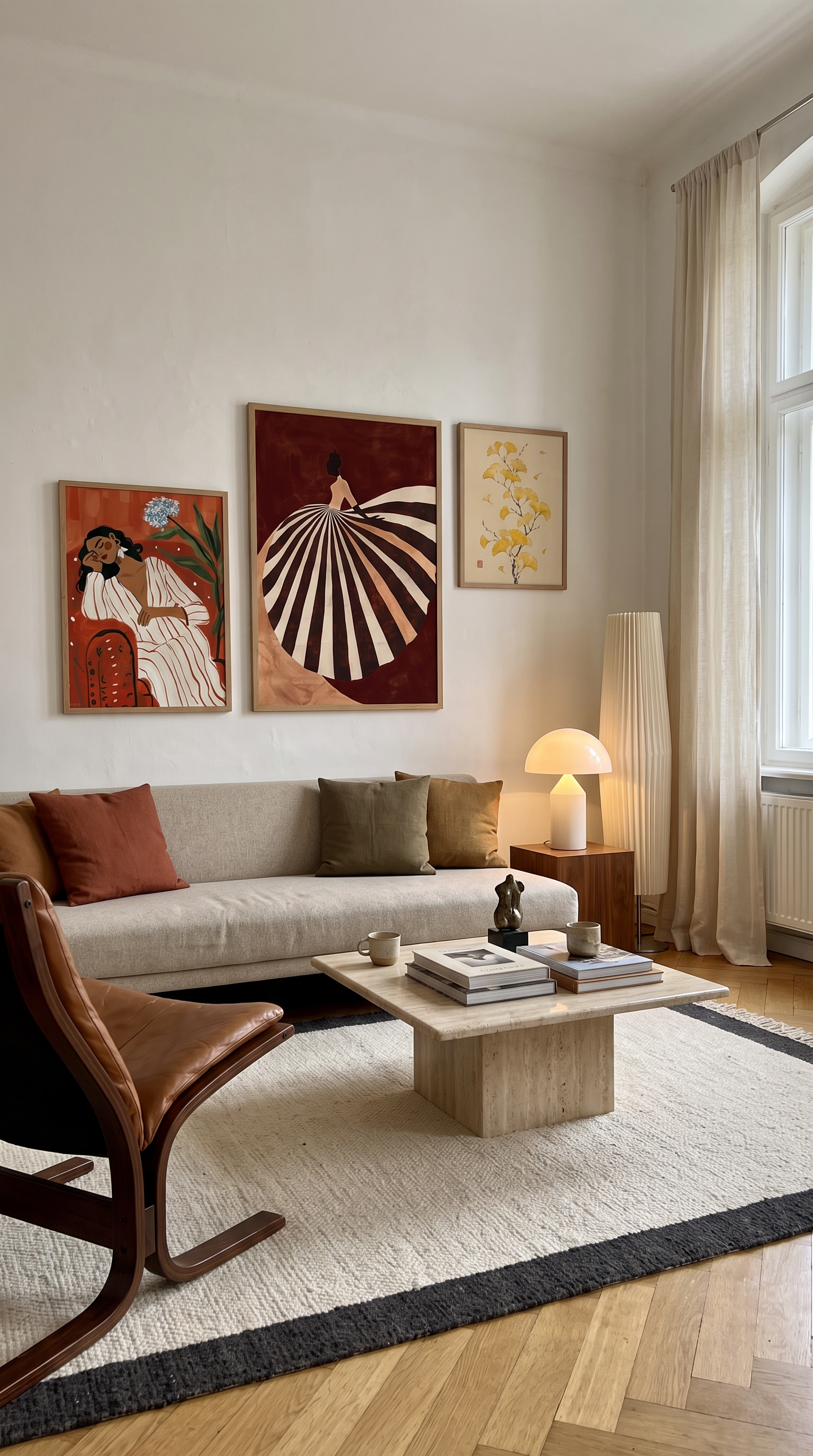 Living room gallery wall — Striped Gown 70×100, Terracotta Reclining Woman 50×70, Ginkgo 40×50, oak frames above an oatmeal sofa
